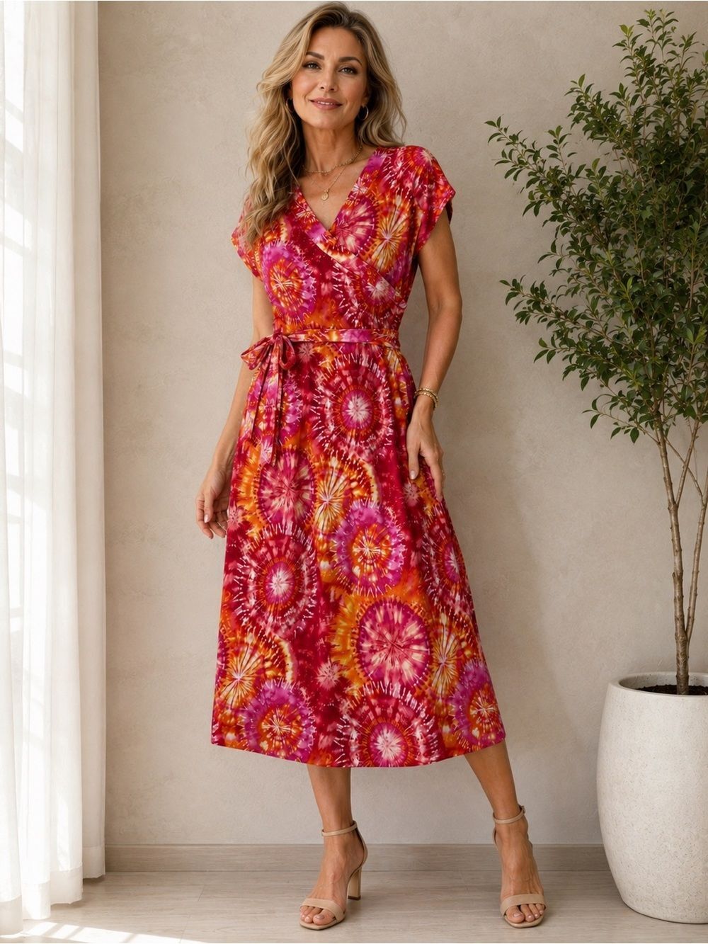 Floral Print Tie Dye Dress midi Vneck Approximately Size M
